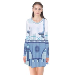 Blue City Building Fantasy Long Sleeve V-neck Flare Dress by Vaneshart