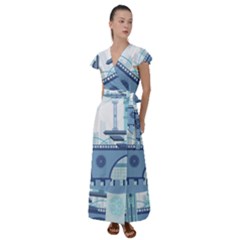 Blue City Building Fantasy Flutter Sleeve Maxi Dress