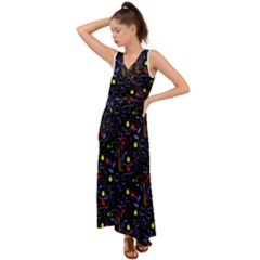 Medieval Birds And Scrolls V-neck Chiffon Maxi Dress by bloomingvinedesign