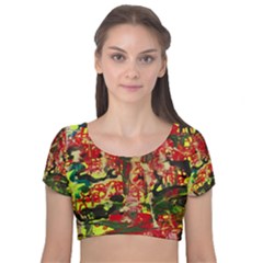 Red Country-1-2 Velvet Short Sleeve Crop Top  by bestdesignintheworld