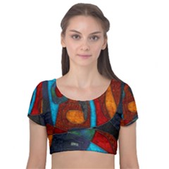 Abstract With Heart Velvet Short Sleeve Crop Top  by bloomingvinedesign