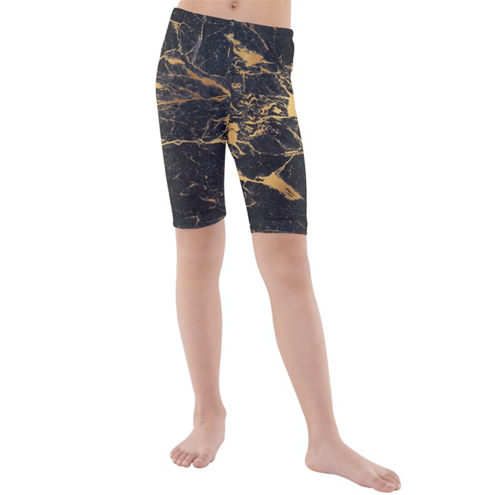 Black Marble texture with gold veins floor background print luxuous real marble Kids  Mid Length Swim Shorts