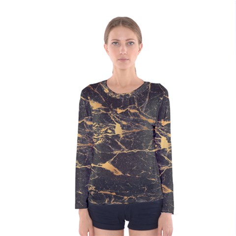 Black Marble Texture With Gold Veins Floor Background Print Luxuous Real Marble Women s Long Sleeve Tee by genx