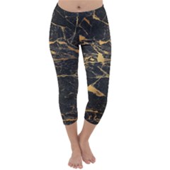 Black Marble Texture With Gold Veins Floor Background Print Luxuous Real Marble Capri Winter Leggings  by genx