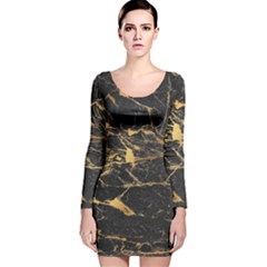 Black Marble Texture With Gold Veins Floor Background Print Luxuous Real Marble Long Sleeve Velvet Bodycon Dress by genx