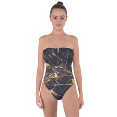 Black Marble Texture With Gold Veins Floor Background Print Luxuous Real Marble Tie Back One Piece Swimsuit by genx