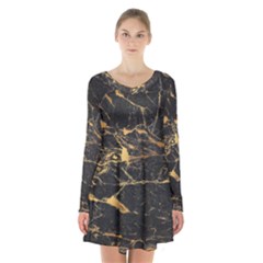 Black Marble Texture With Gold Veins Floor Background Print Luxuous Real Marble Long Sleeve Velvet V-neck Dress by genx