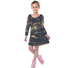 Black Marble Texture With Gold Veins Floor Background Print Luxuous Real Marble Kids  Long Sleeve Velvet Dress by genx