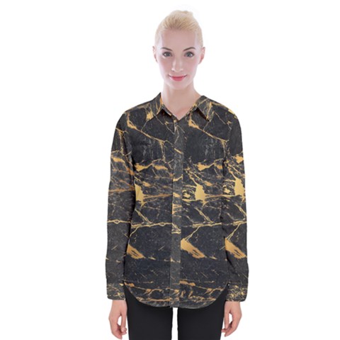 Black Marble Texture With Gold Veins Floor Background Print Luxuous Real Marble Womens Long Sleeve Shirt by genx