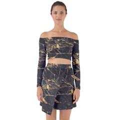 Black Marble Texture With Gold Veins Floor Background Print Luxuous Real Marble Off Shoulder Top With Skirt Set by genx