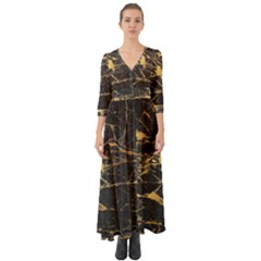 Black Marble Texture With Gold Veins Floor Background Print Luxuous Real Marble Button Up Boho Maxi Dress by genx