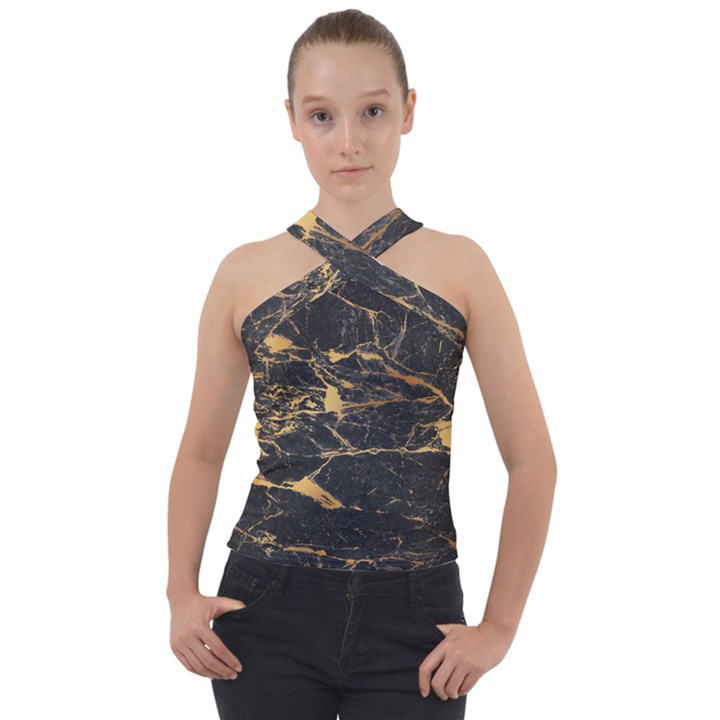 Black Marble texture with gold veins floor background print luxuous real marble Cross Neck Velour Top