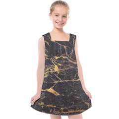 Black Marble Texture With Gold Veins Floor Background Print Luxuous Real Marble Kids  Cross Back Dress by genx