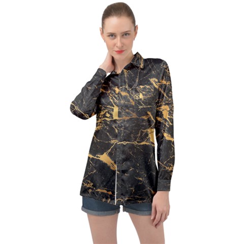 Black Marble Texture With Gold Veins Floor Background Print Luxuous Real Marble Long Sleeve Satin Shirt by genx