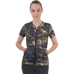 Black Marble Texture With Gold Veins Floor Background Print Luxuous Real Marble Short Sleeve Zip Up Jacket by genx