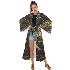 Black Marble Texture With Gold Veins Floor Background Print Luxuous Real Marble Maxi Kimono by genx