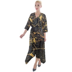 Black Marble Texture With Gold Veins Floor Background Print Luxuous Real Marble Quarter Sleeve Wrap Front Maxi Dress by genx