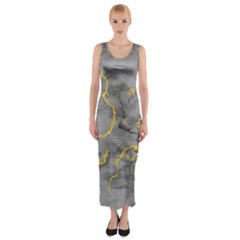 Marble Neon Retro Light Gray With Gold Yellow Veins Texture Floor Background Retro Neon 80s Style Neon Colors Print Luxuous Real Marble Fitted Maxi Dress by genx