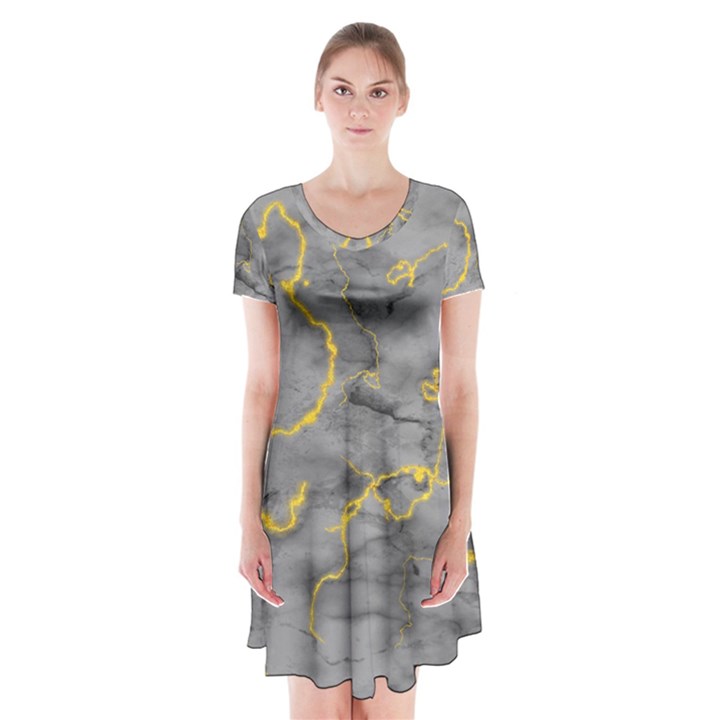 Marble neon retro light gray with gold yellow veins texture floor background retro neon 80s style neon colors print luxuous real marble Short Sleeve V-neck Flare Dress