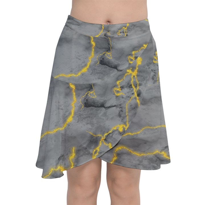 Marble neon retro light gray with gold yellow veins texture floor background retro neon 80s style neon colors print luxuous real marble Chiffon Wrap Front Skirt