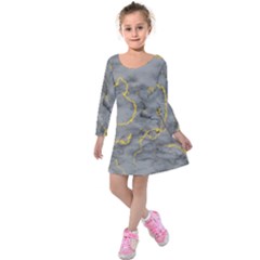 Marble Neon Retro Light Gray With Gold Yellow Veins Texture Floor Background Retro Neon 80s Style Neon Colors Print Luxuous Real Marble Kids  Long Sleeve Velvet Dress by genx