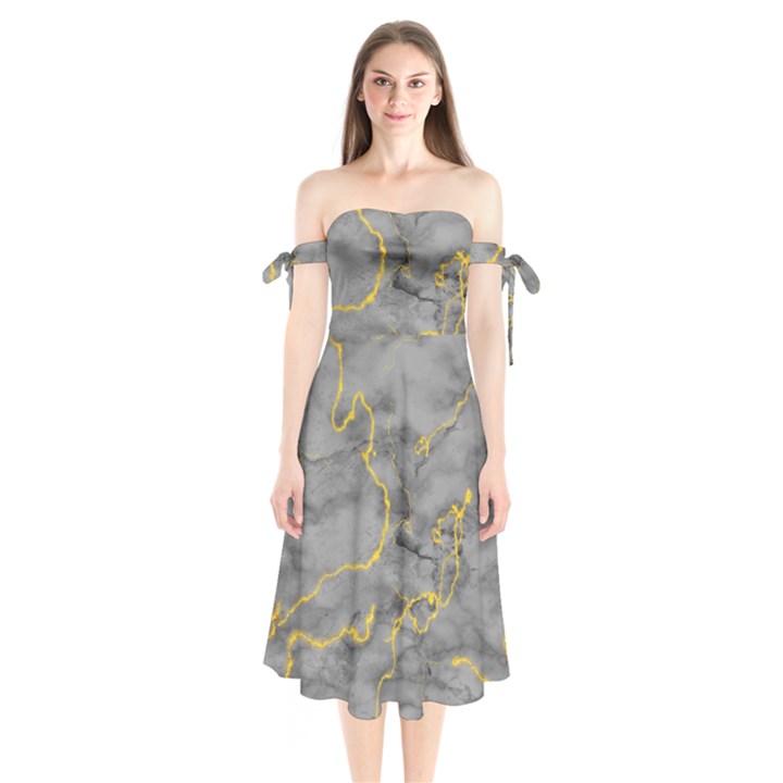 Marble neon retro light gray with gold yellow veins texture floor background retro neon 80s style neon colors print luxuous real marble Shoulder Tie Bardot Midi Dress