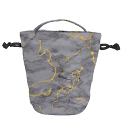 Marble Neon Retro Light Gray With Gold Yellow Veins Texture Floor Background Retro Neon 80s Style Neon Colors Print Luxuous Real Marble Drawstring Bucket Bag by genx