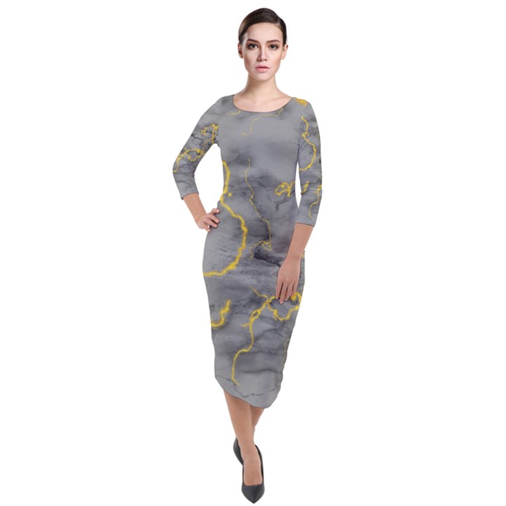 Marble neon retro light gray with gold yellow veins texture floor background retro neon 80s style neon colors print luxuous real marble Quarter Sleeve Midi Velour Bodycon Dress