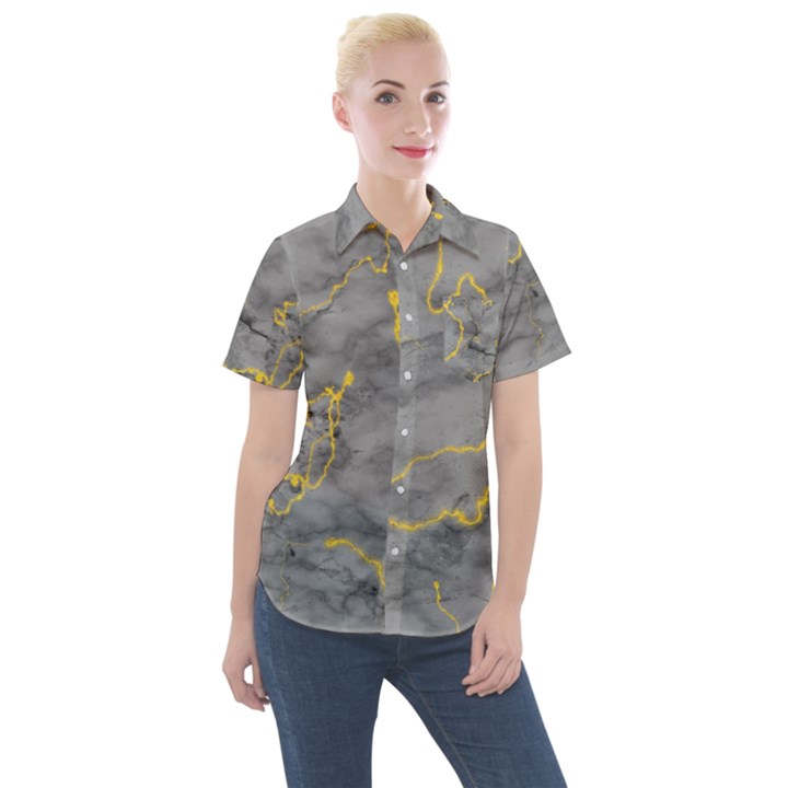 Marble neon retro light gray with gold yellow veins texture floor background retro neon 80s style neon colors print luxuous real marble Women s Short Sleeve Pocket Shirt