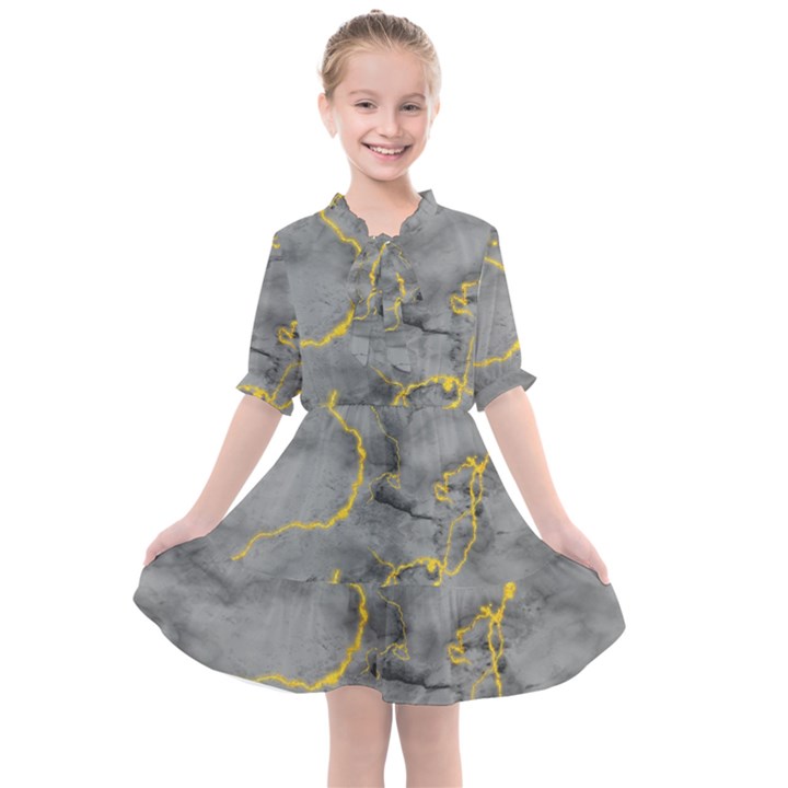 Marble neon retro light gray with gold yellow veins texture floor background retro neon 80s style neon colors print luxuous real marble Kids  All Frills Chiffon Dress