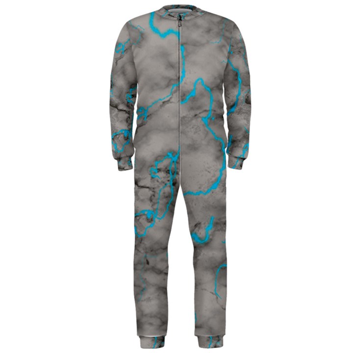 Marble light gray with bright cyan blue veins texture floor background retro neon 80s style neon colors print luxuous real marble OnePiece Jumpsuit (Men) 