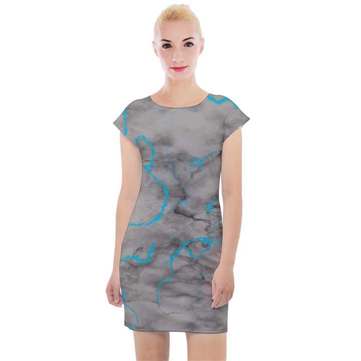 Marble light gray with bright cyan blue veins texture floor background retro neon 80s style neon colors print luxuous real marble Cap Sleeve Bodycon Dress