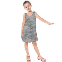 Marble Light Gray With Bright Cyan Blue Veins Texture Floor Background Retro Neon 80s Style Neon Colors Print Luxuous Real Marble Kids  Sleeveless Dress by genx