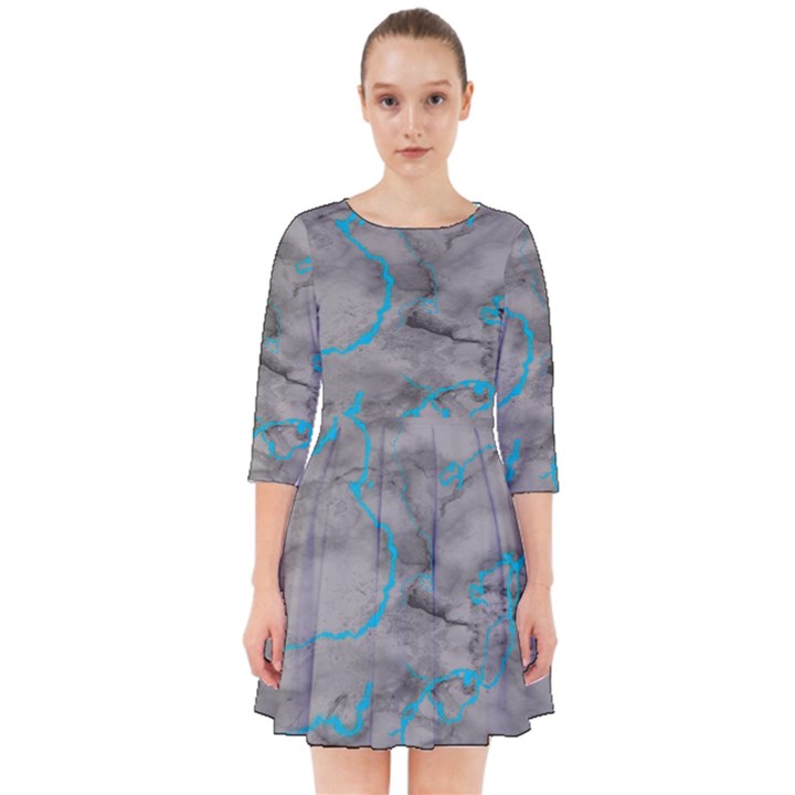 Marble light gray with bright cyan blue veins texture floor background retro neon 80s style neon colors print luxuous real marble Smock Dress