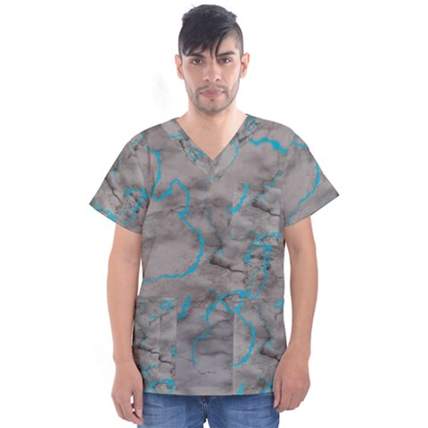 Marble Light Gray With Bright Cyan Blue Veins Texture Floor Background Retro Neon 80s Style Neon Colors Print Luxuous Real Marble Men s V-neck Scrub Top by genx