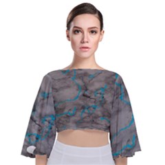 Marble Light Gray With Bright Cyan Blue Veins Texture Floor Background Retro Neon 80s Style Neon Colors Print Luxuous Real Marble Tie Back Butterfly Sleeve Chiffon Top by genx