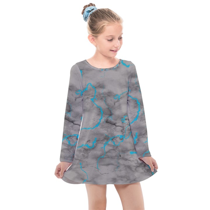 Marble light gray with bright cyan blue veins texture floor background retro neon 80s style neon colors print luxuous real marble Kids  Long Sleeve Dress