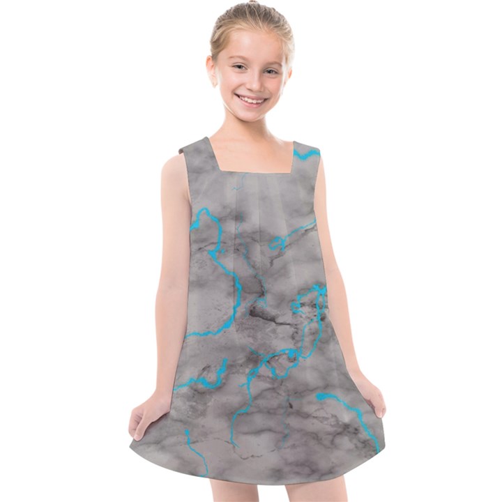 Marble light gray with bright cyan blue veins texture floor background retro neon 80s style neon colors print luxuous real marble Kids  Cross Back Dress