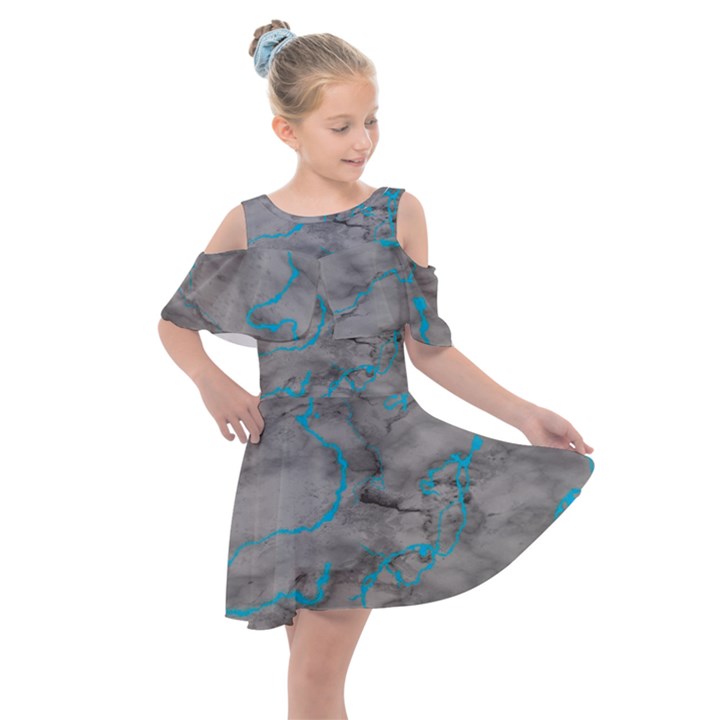 Marble light gray with bright cyan blue veins texture floor background retro neon 80s style neon colors print luxuous real marble Kids  Shoulder Cutout Chiffon Dress