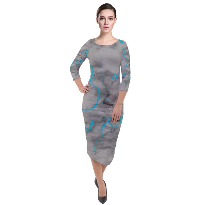 Marble light gray with bright cyan blue veins texture floor background retro neon 80s style neon colors print luxuous real marble Quarter Sleeve Midi Velour Bodycon Dress