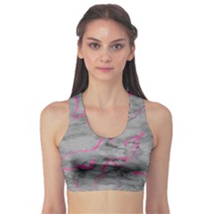 Marble Light Gray With Bright Magenta Pink Veins Texture Floor Background Retro Neon 80s Style Neon Colors Print Luxuous Real Marble Sports Bra by genx