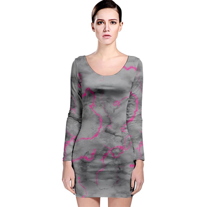 Marble light gray with bright magenta pink veins texture floor background retro neon 80s style neon colors print luxuous real marble Long Sleeve Bodycon Dress