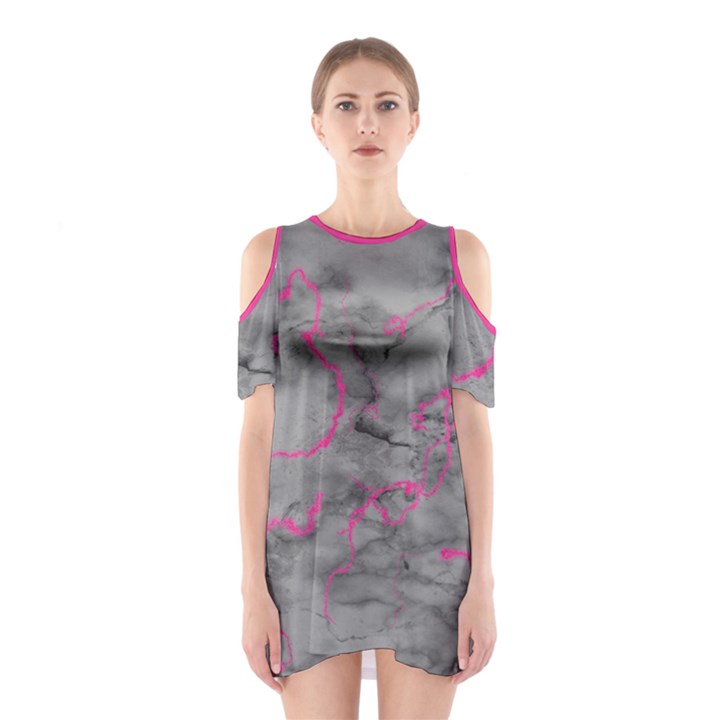 Marble light gray with bright magenta pink veins texture floor background retro neon 80s style neon colors print luxuous real marble Shoulder Cutout One Piece Dress