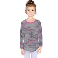 Marble Light Gray With Bright Magenta Pink Veins Texture Floor Background Retro Neon 80s Style Neon Colors Print Luxuous Real Marble Kids  Long Sleeve Tee