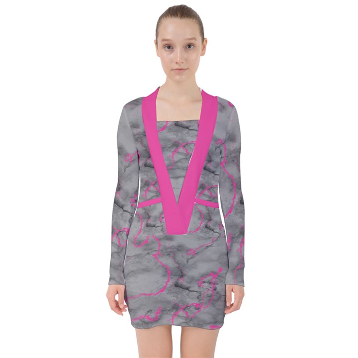 Marble light gray with bright magenta pink veins texture floor background retro neon 80s style neon colors print luxuous real marble V-neck Bodycon Long Sleeve Dress