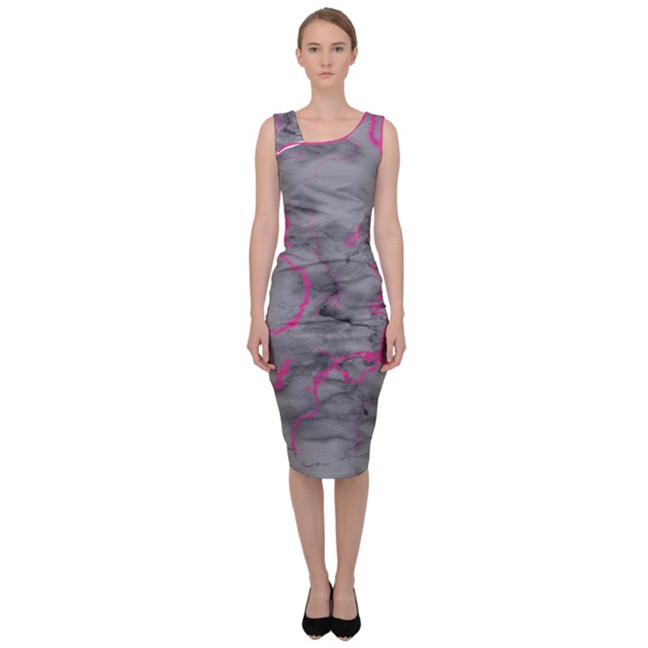 Marble light gray with bright magenta pink veins texture floor background retro neon 80s style neon colors print luxuous real marble Sleeveless Pencil Dress