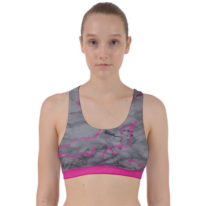 Marble light gray with bright magenta pink veins texture floor background retro neon 80s style neon colors print luxuous real marble Back Weave Sports Bra