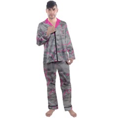 Marble Light Gray With Bright Magenta Pink Veins Texture Floor Background Retro Neon 80s Style Neon Colors Print Luxuous Real Marble Men s Satin Pajamas Long Pants Set by genx