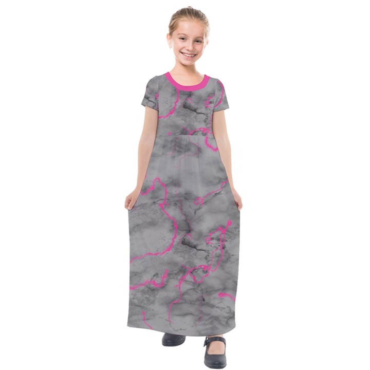 Marble light gray with bright magenta pink veins texture floor background retro neon 80s style neon colors print luxuous real marble Kids  Short Sleeve Maxi Dress