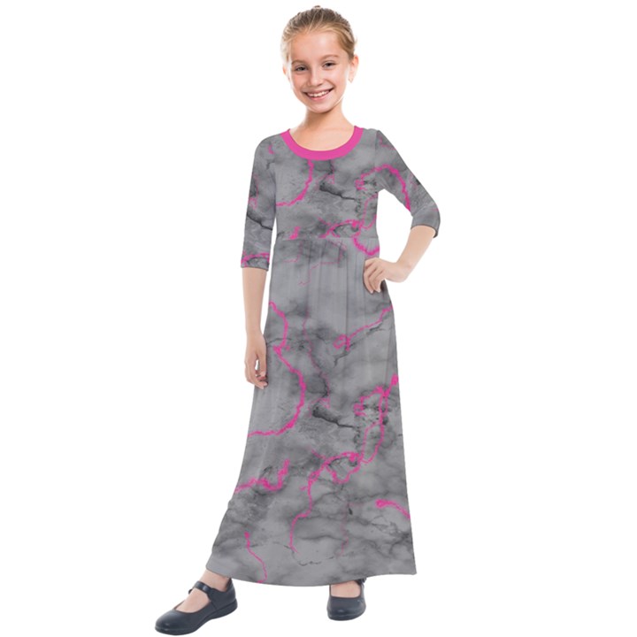 Marble light gray with bright magenta pink veins texture floor background retro neon 80s style neon colors print luxuous real marble Kids  Quarter Sleeve Maxi Dress